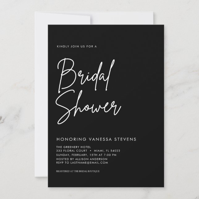 Modernes handgeschriebenes Script Black Brautparty Einladung (Vorderseite)