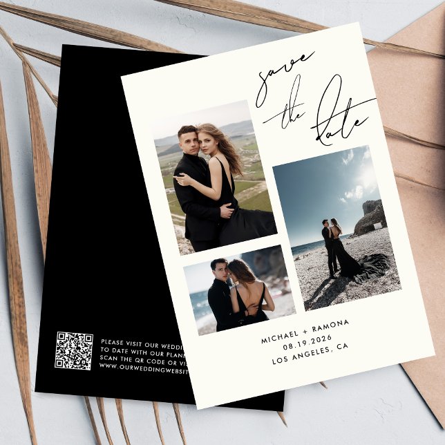 Modernes handgeschriebenes Skript Drei Foto QR Cod Save The Date (Von Creator hochgeladen)
