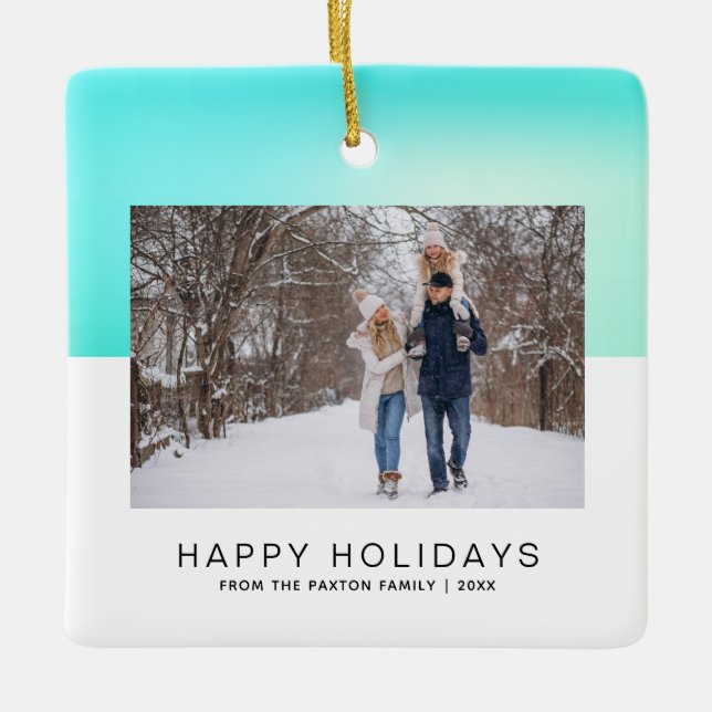Modernes Happy Holiday Two-Tone Aqua Blue Foto Keramikornament (Vorderseite)