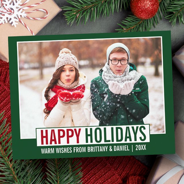 Modernes Happy Holidays Foto Green Postkarte (Customize to change your personalized text size or text style.)
