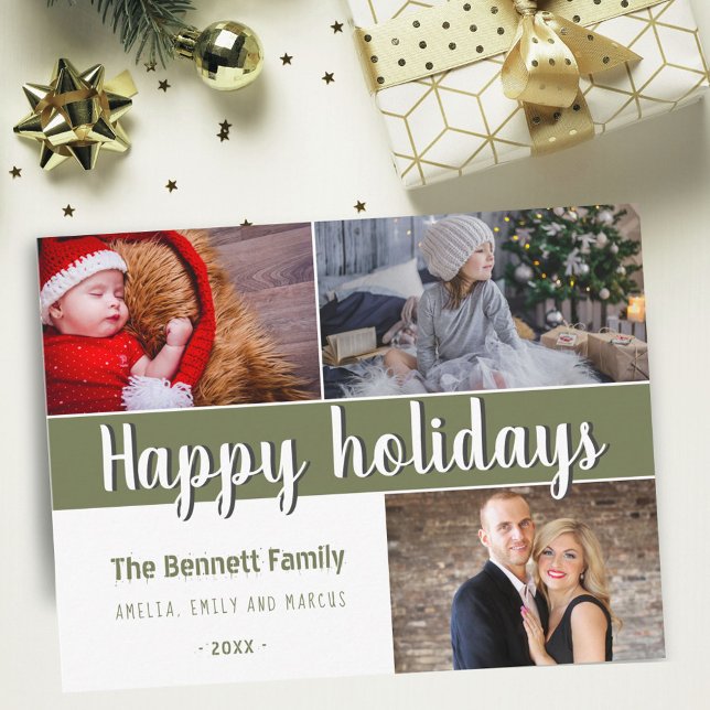 Modernes Happy Holidays Script 3 Foto Collage Postkarte (Von Creator hochgeladen)