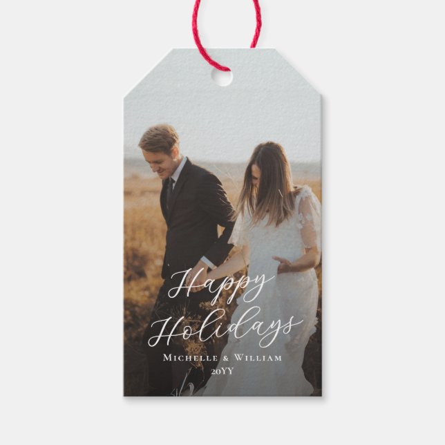 Modernes Happy Holidays Script Overlay Foto Geschenkanhänger (Vorderseite)