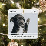 Modernes Haustier Mein erstes Weihnachtsfest 2 Fot Keramikornament<br><div class="desc">Modernes Haustier 2 (zwei) Foto Weihnachtsschmuck Keramik. Das Design zeigt zwei Fotografien Ihres Haustieres (Hund,  Katze,  Kaninchen etc.),  die Überschrift "Mein erstes Weihnachten",  ihren Namen und das Jahr. Der gesamte Text lässt sich mit der bereitgestellten Vorlage leicht anpassen.</div>
