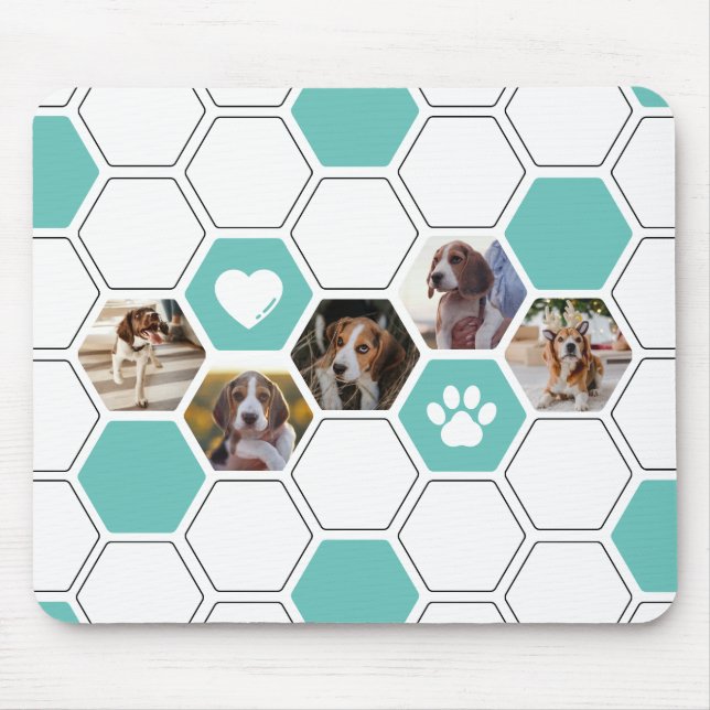 Modernes Heart Paw Dog Foto Geometrisch Aquamarin  Mousepad (Vorne)