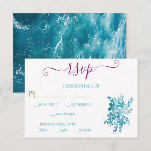 Modernes helles Blumen Blauer Ozean Foto Hochzeit  RSVP Karte