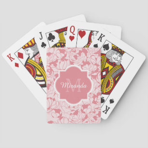 Modernes hellrosa Girly mit Blumenmonogramm mit Spielkarten