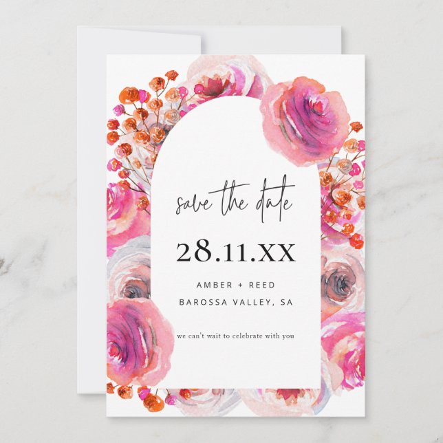 Modernes, hellrosa Watercolor, Blumenschrift Save The Date (Vorderseite)