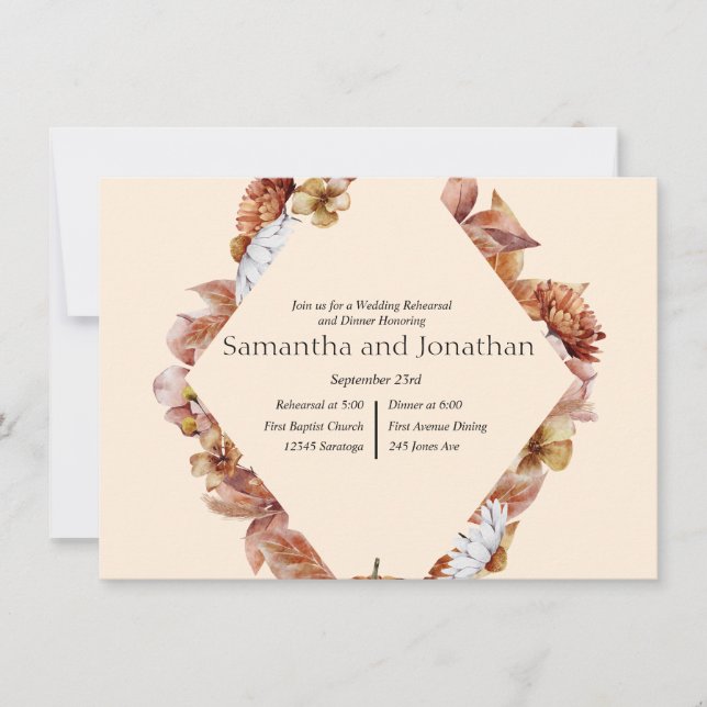 Modernes Herbst Orange BOHO Hochzeitsessen Probe Einladung (Vorderseite)