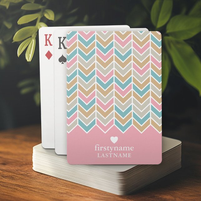 Modernes Herringbone-Muster - Rosa Blau Gold Spielkarten (Personalized playing cards)
