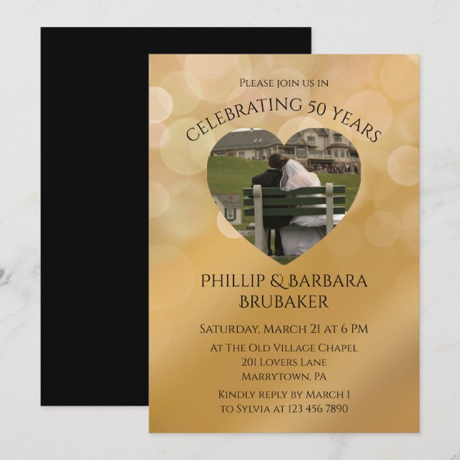 Modernes Herz Foto Golden 50. Hochzeitstag Einladung (Vorne/Hinten)