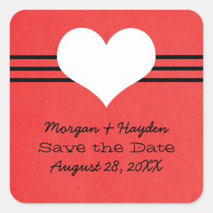 Modernes Herz Save the Date Sticker, Rot Quadratischer Aufkleber