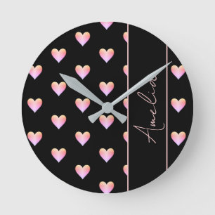 Modernes Herz Schwarz Rosa Personalisiert Runde Wanduhr