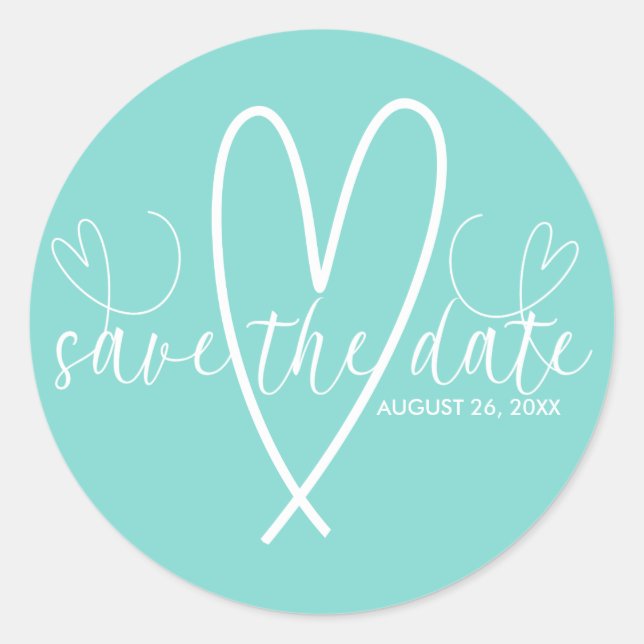 Modernes Herz Türkis Blau Grün Save the Date Runder Aufkleber (Vorderseite)