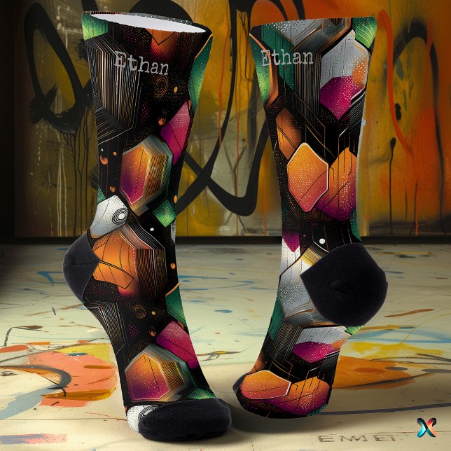 Modernes Hexagonal in Emerald, Magenta und Orange Socken (Von Creator hochgeladen)