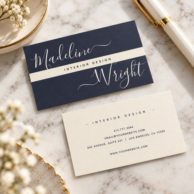 Modernes Highlight | Script Navy Ivory Luxus Visitenkarte (Von Creator hochgeladen)