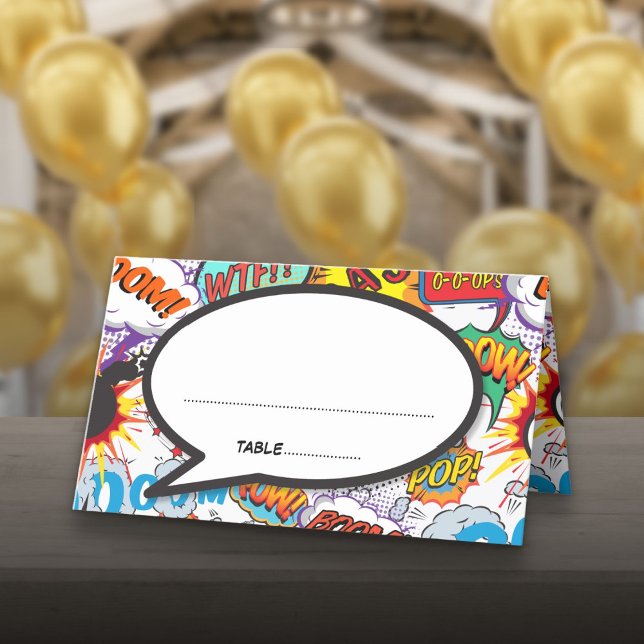 Modernes Hochzeitsbuch mit farbenfrohen typografis Platzkarte (Modern Wedding Colorful Typographic Comic Book Place Card)