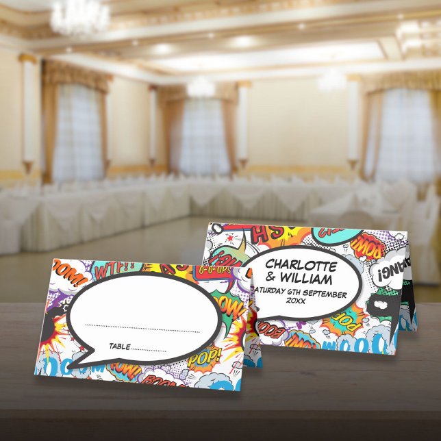 Modernes Hochzeitsbuch mit farbenfrohen typografis Platzkarte (Modern Wedding Colorful Typographic Comic Book Place Card)