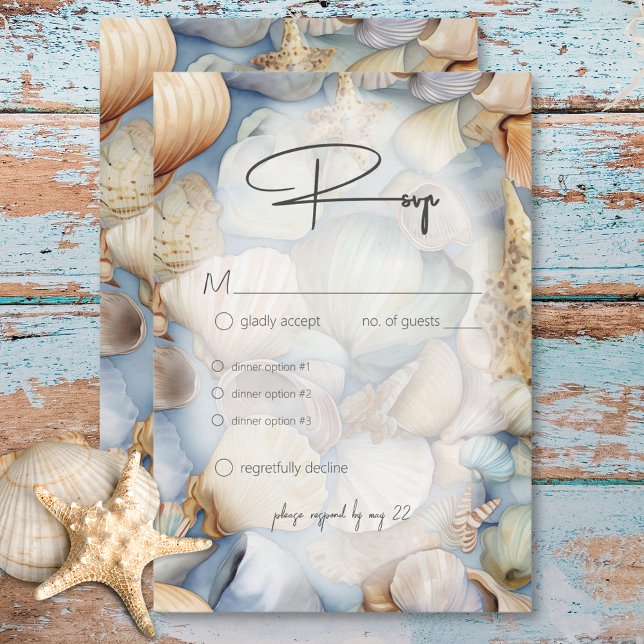 Modernes Hochzeitsessen im tropischen Seashells RSVP Karte (Tropical Seashells Scene Modern Wedding Dinner RSVP Card)