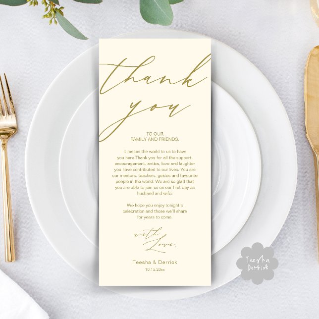 Modernes Hochzeitsessen Probe Danke Karte (Modern Wedding Rehearsal Dinner Thank You Card in Yellow Gold)