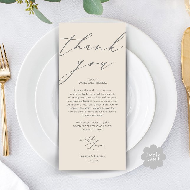 Modernes Hochzeitsessen Probe Danke Karte (Modern Wedding Rehearsal Dinner Thank You Card in Cream Grey)