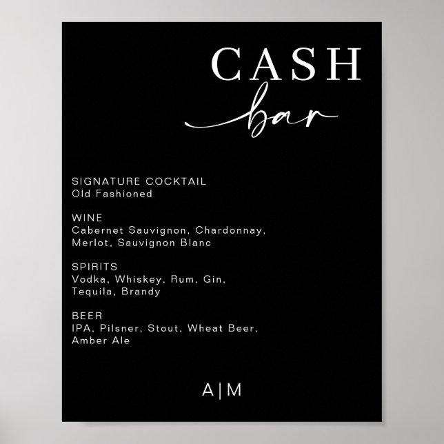 Modernes Hochzeitsgeld-Bar | Bar Drink Menu Sign Poster (Vorne)