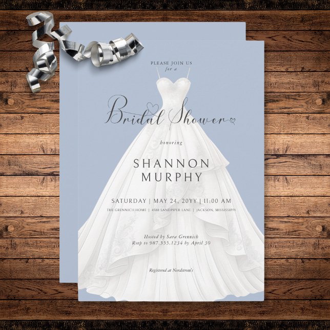 Modernes Hochzeitskleid auf blauem Brautparty Einladung (Modern Wedding Dress on Blue Bridal Shower Invitation)