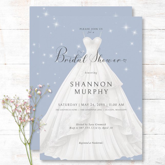 Modernes Hochzeitskleid auf blauem Sparkle-Brautpa Einladung (Modern Wedding Dress on Blue Sparkle Bridal Shower Invitation)