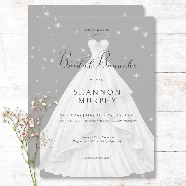 Modernes Hochzeitskleid auf Gray Sparkle Bridal Br Einladung (Modern Wedding Dress on Gray Sparkle Bridal Brunch Invitation)