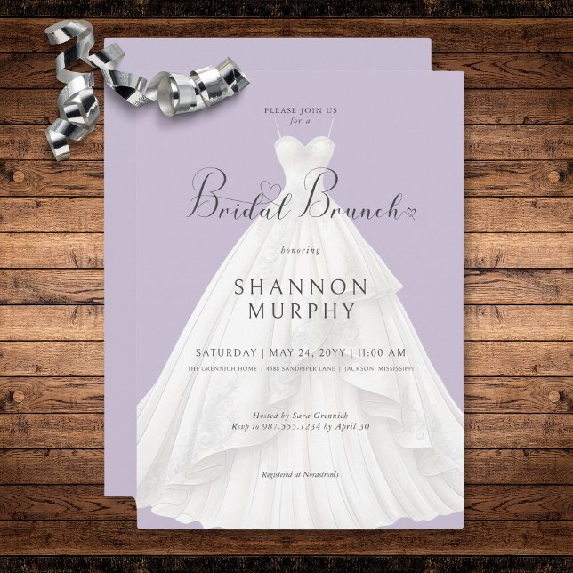 Modernes Hochzeitskleid auf Lila Bridal Brunch Einladung (Modern Wedding Dress on Purple Bridal Brunch Invitation)