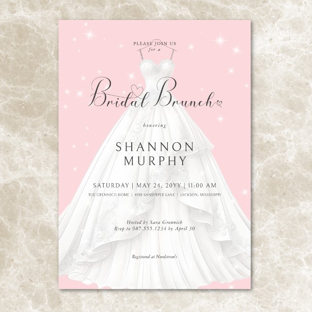 Modernes Hochzeitskleid auf rosa Sparkle Bridal Br Einladung (Modern Wedding Dress on Pink Sparkle Bridal Brunch Invitation)