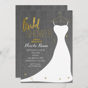 Modernes Hochzeitskleid & Gold Hearts Brautparty Einladung
