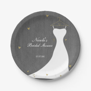 Modernes Hochzeitskleid & Gold Hearts Brautparty Pappteller