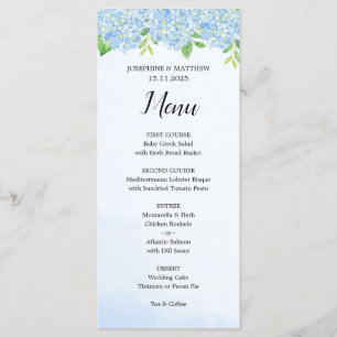 Modernes Hochzeitsmenü von Watercolor Blue Hydrang Menükarte