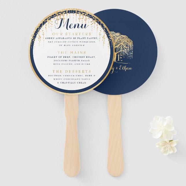 Modernes Hochzeitsmenü von Willow Tree Navy Blue G Fächer (Vorne und Hinten)
