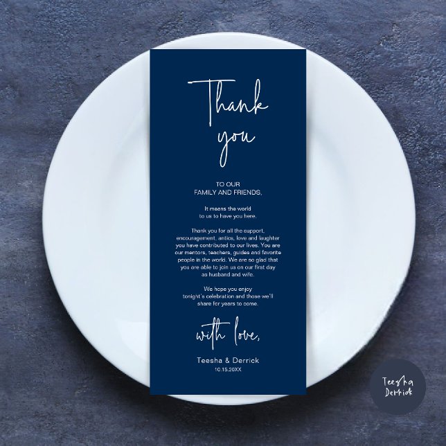Modernes Hochzeitsplatz - Abendessen dank Karte (Modern Romantic Wedding Place Setting Dinner Thank You Card, in Navy Blue)