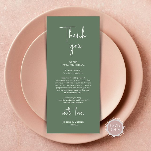 Modernes Hochzeitsplatz - Abendessen dank Karte (Modern Romantic Wedding Place Setting Dinner Thank You Card, in Forest Sage Green)