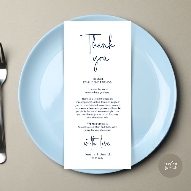 Modernes Hochzeitsplatz - Abendessen dank Karte (Modern Romantic Wedding Place Setting Dinner Thank You Card, in Navy Blue)