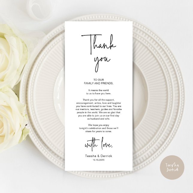 Modernes Hochzeitsplatz - Abendessen dank Karte (Modern Romantic Wedding Place Setting Dinner Thank You Card, in Black and White)