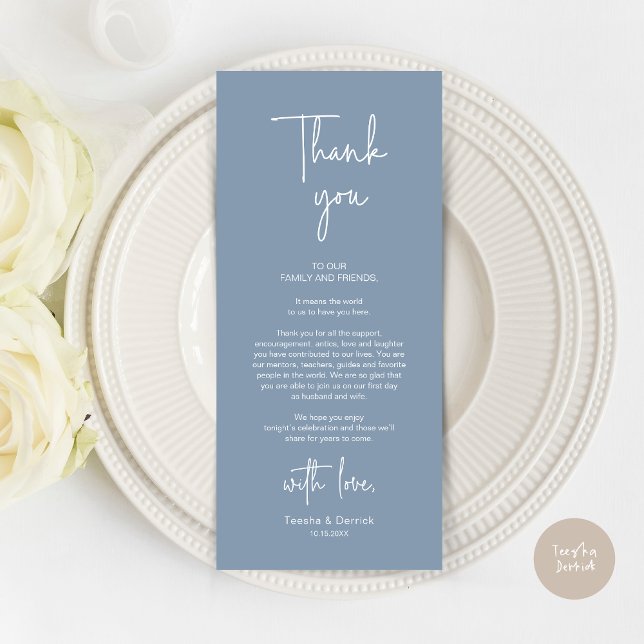 Modernes Hochzeitsplatz - Abendessen dank Karte (Modern Romantic Wedding Place Setting Dinner Thank You Card, in Dusty Blue)