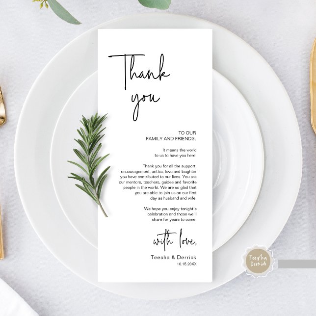 Modernes Hochzeitsplatz - Abendessen dank Karte (Modern Wedding Place Setting Dinner Thank You Card, Minimalist Elegant Script, in Black and White)