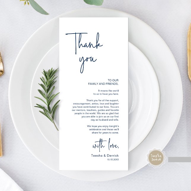 Modernes Hochzeitsplatz - Abendessen dank Karte (Modern Wedding Dinner Place Setting Thank You Card, in Handwriting Script, Navy Blue)