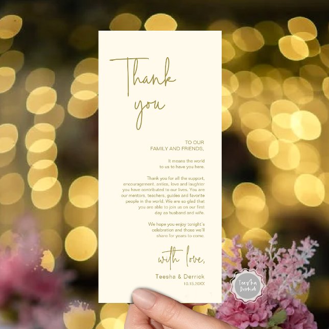 Modernes Hochzeitsplatz - Abendessen dank Karte (Modern Wedding Dinner Place Setting Thank You Card, in Handwriting Script, Gold Scheme)