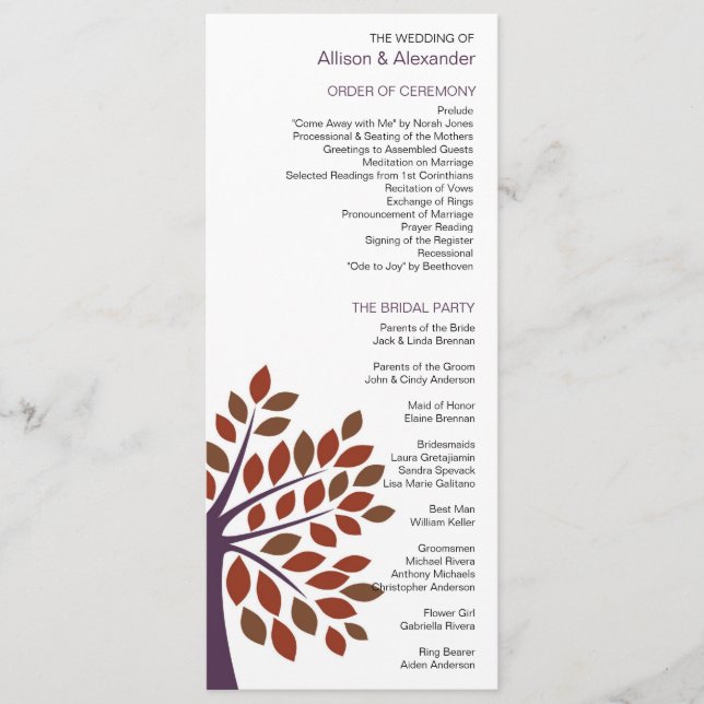 Modernes Hochzeitsprogramm für Bäume Programm (Vorderseite)