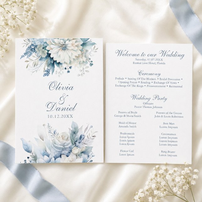Modernes Hochzeitsprogramm für Dusty Blue Wildblum Programm (Dusty Blue Wildflower Wedding Program Card)
