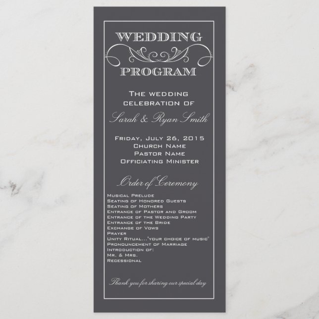Modernes Hochzeitsprogramm für Holzkohle und Grau  Programm (Vorderseite)
