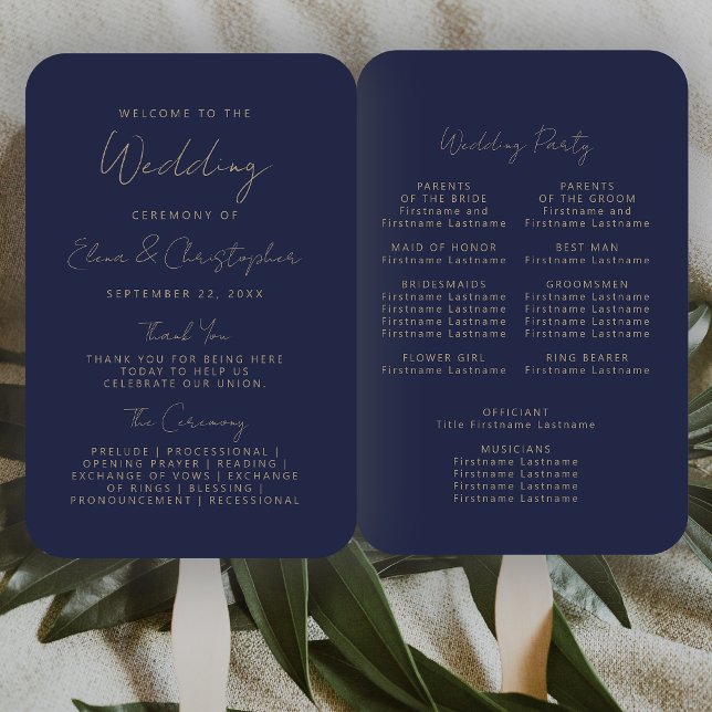 Modernes Hochzeitsprogramm für Navy Blue Gold Hand Fächer (Von Creator hochgeladen)