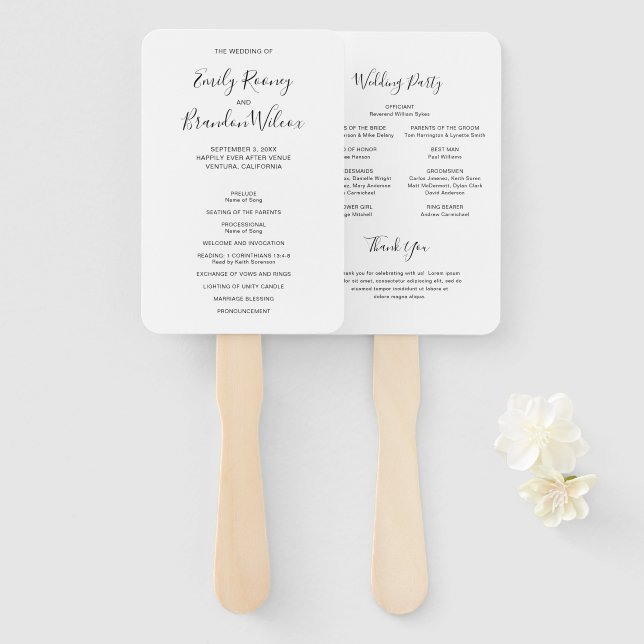 Modernes Hochzeitsprogramm für Schwarz und Weiß Fächer (Vorne und Hinten)