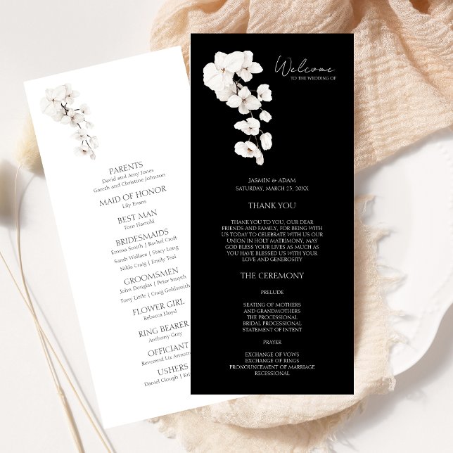 Modernes Hochzeitsprogramm für Schwarz-weiße Orchi (Modern Black and White Orchids Flowers Wedding Program )