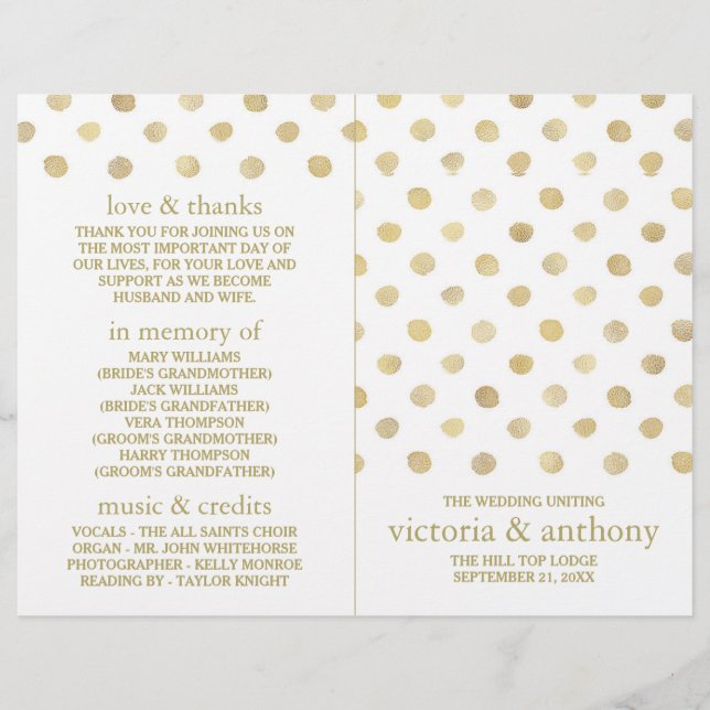 Modernes Hochzeitsprogramm für White & Gold Polka  (Vorderseite)
