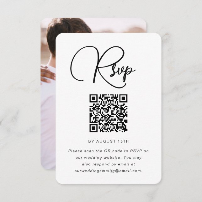 Modernes Hochzeitsszenario mit QR-Code und Foto RSVP Karte (Vorne/Hinten)